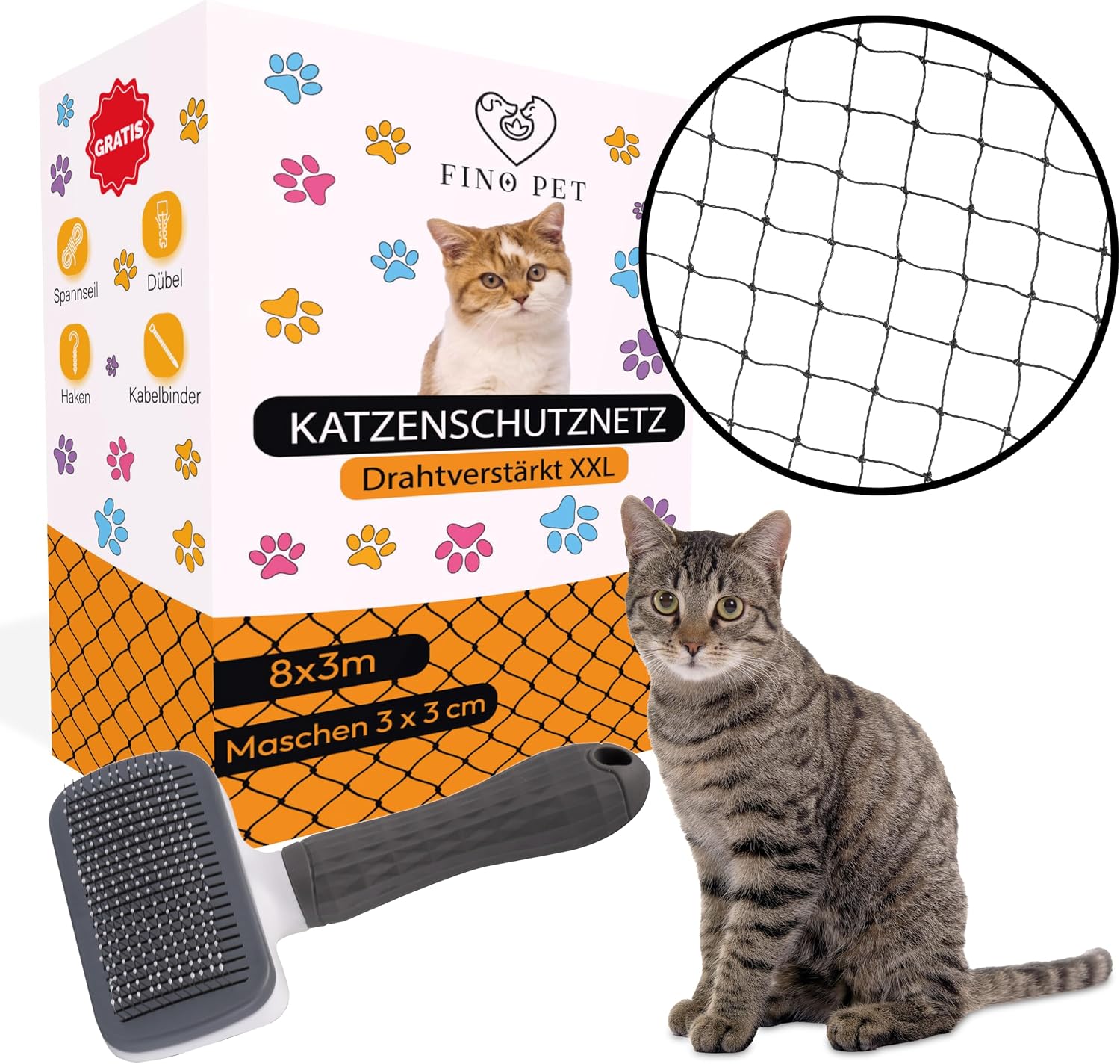 Katzennetz drahtverstärkt mit Katzenbürste – 8 × 3 m