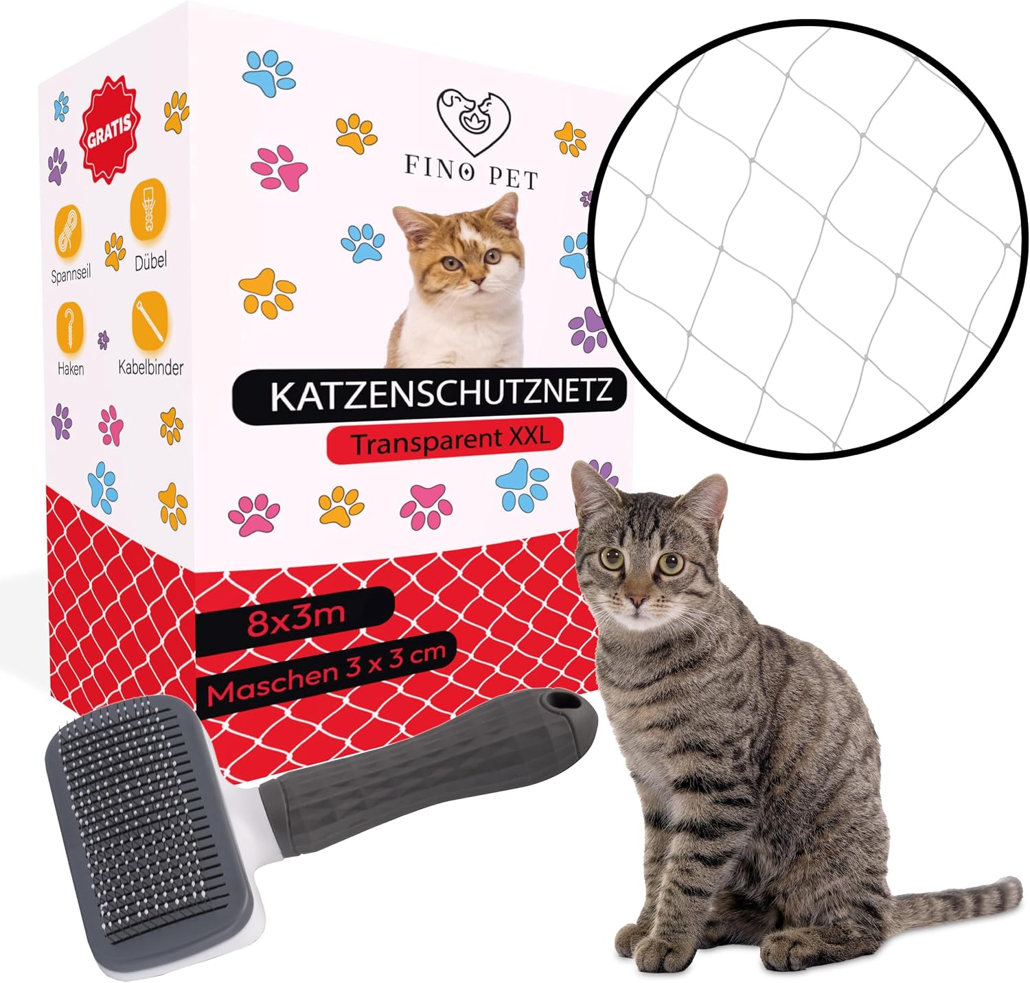Katzennetz transparent mit Katzenbürste – 8 × 3 m